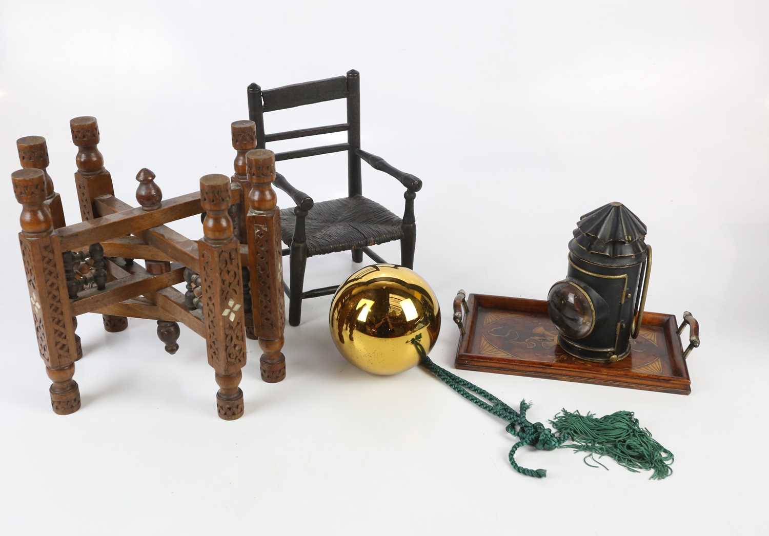 An assortment of collectors' items including a black painted cast metal lantern, a miniature painted - Image 2 of 2