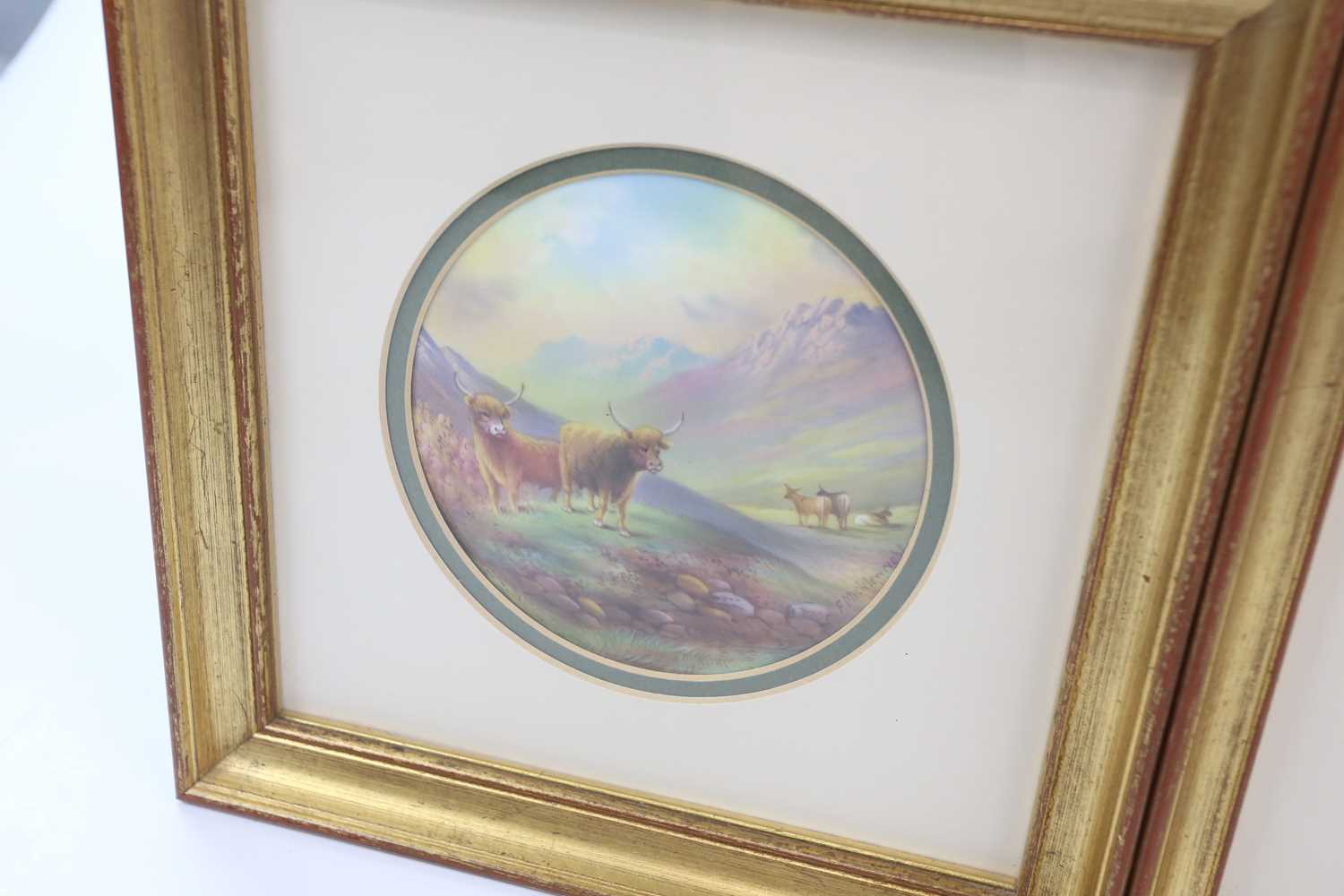 F MICKLEWRIGHT; a pair of hand painted Paragon plaques, Highland cattle, both signed, diameter 11. - Image 2 of 4