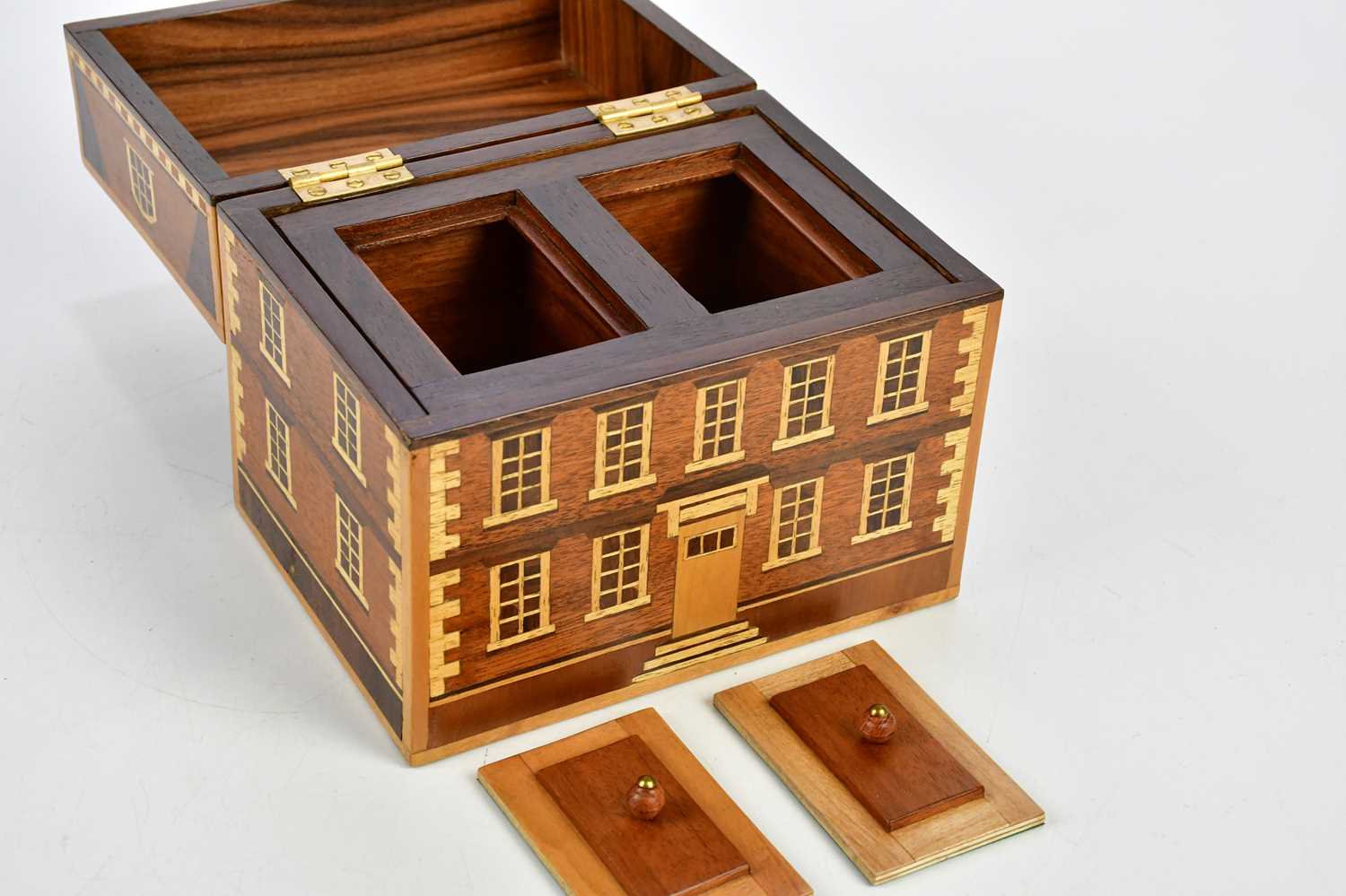 A modern inlaid fruitwood tea caddy formed as a Georgian house, the hinged cover enclosing two - Image 4 of 4