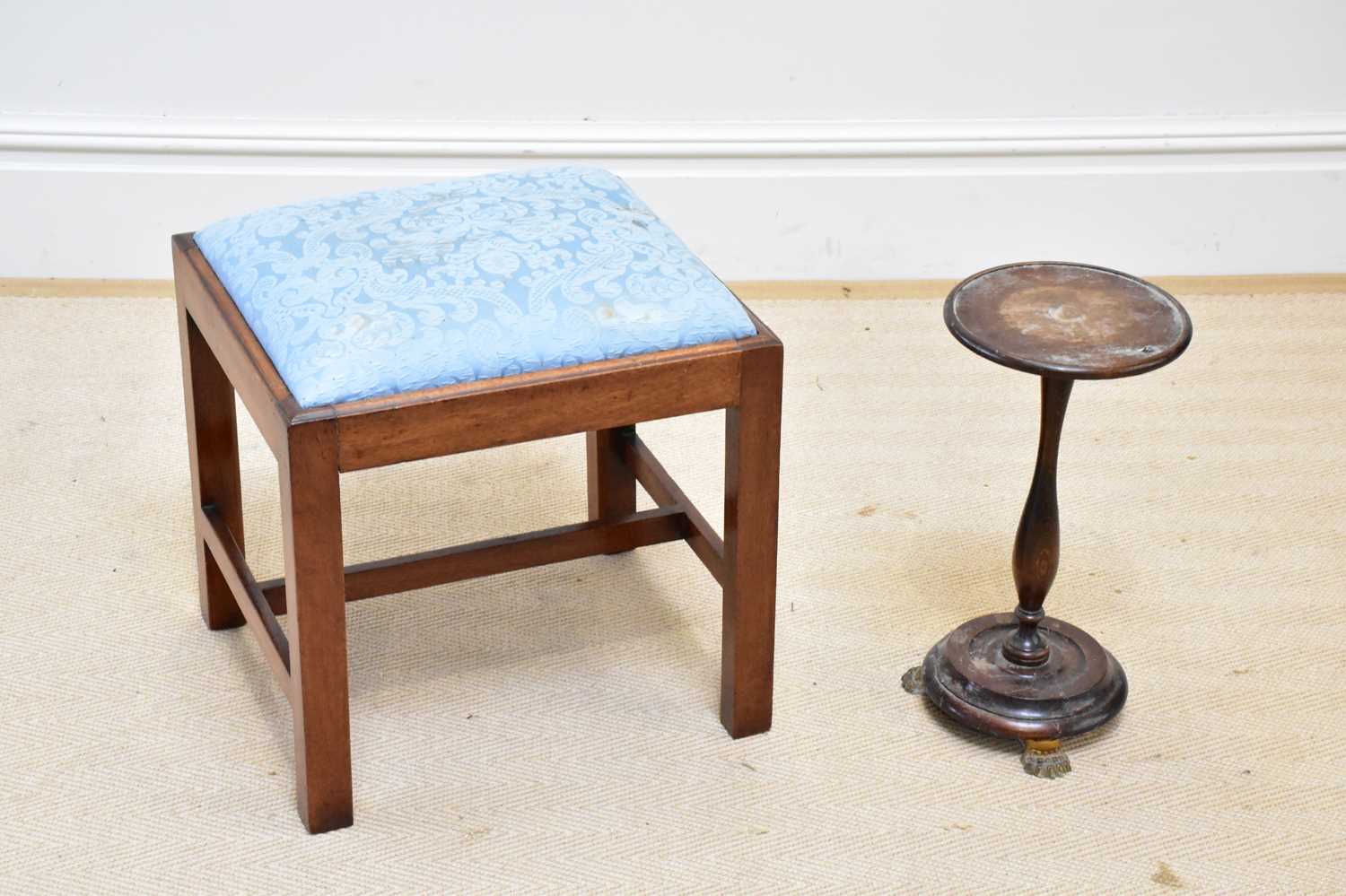 A Georgian mahogany stool together with a 19th/20th century mahogany tripod table, height 43cm.