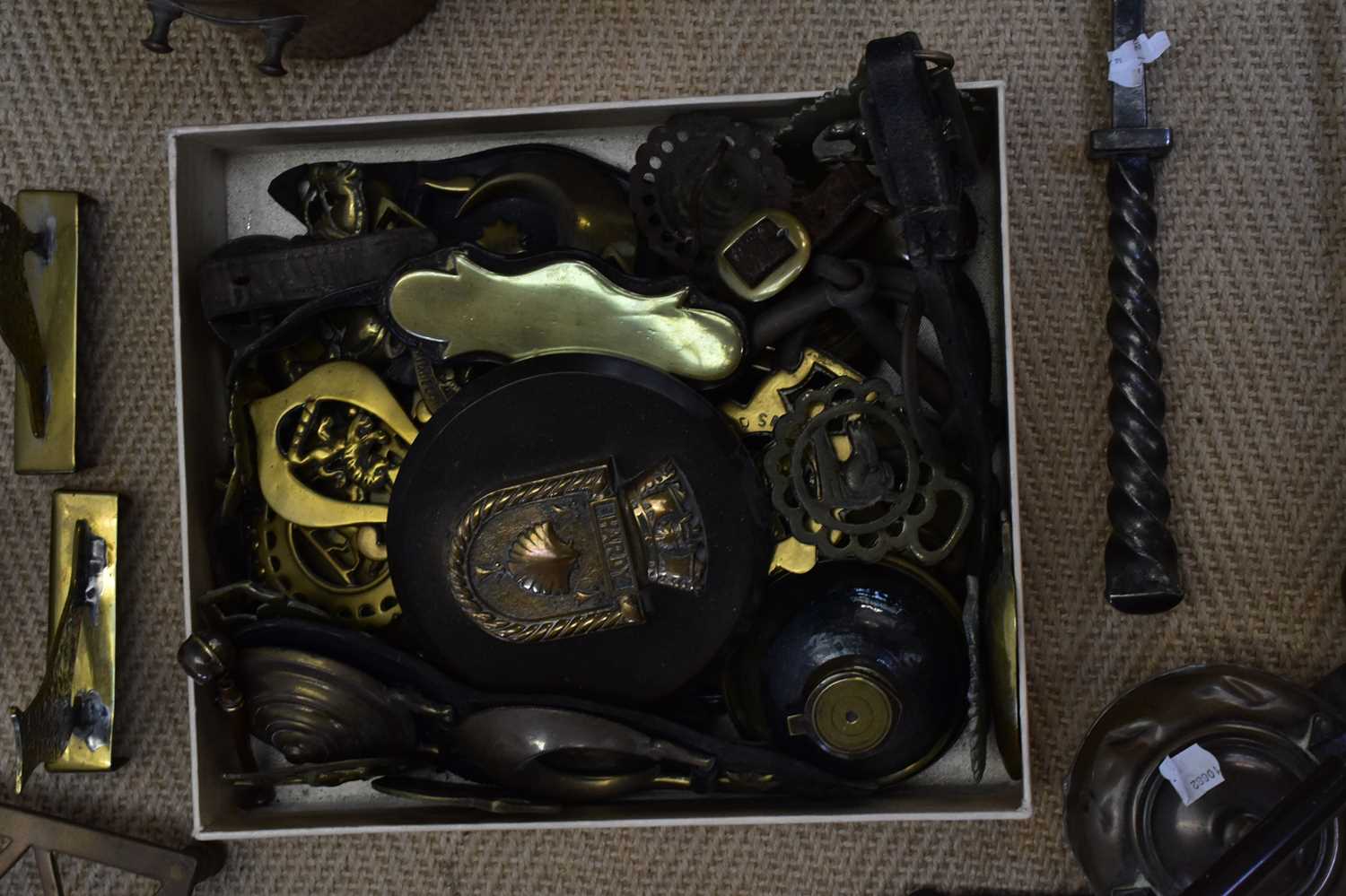 A collection of 19th century and later metalware including a companion set, a fender, horse brasses, - Image 2 of 7