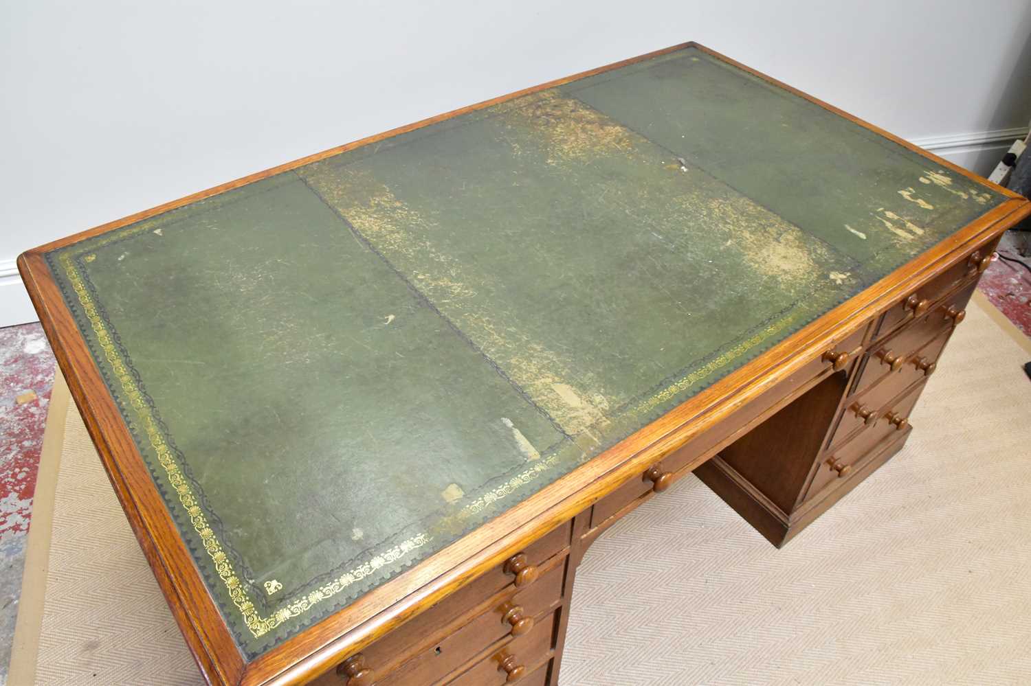 A 19th century oak partner's desk with gilt tooled leather top, drawers and cupboard doors, width - Image 2 of 4
