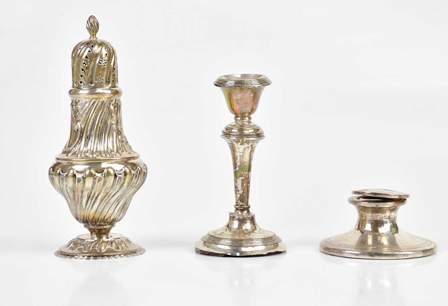 An Edward VII hallmarked silver sugar caster of baluster form, with gadrooned decoration, Birmingham