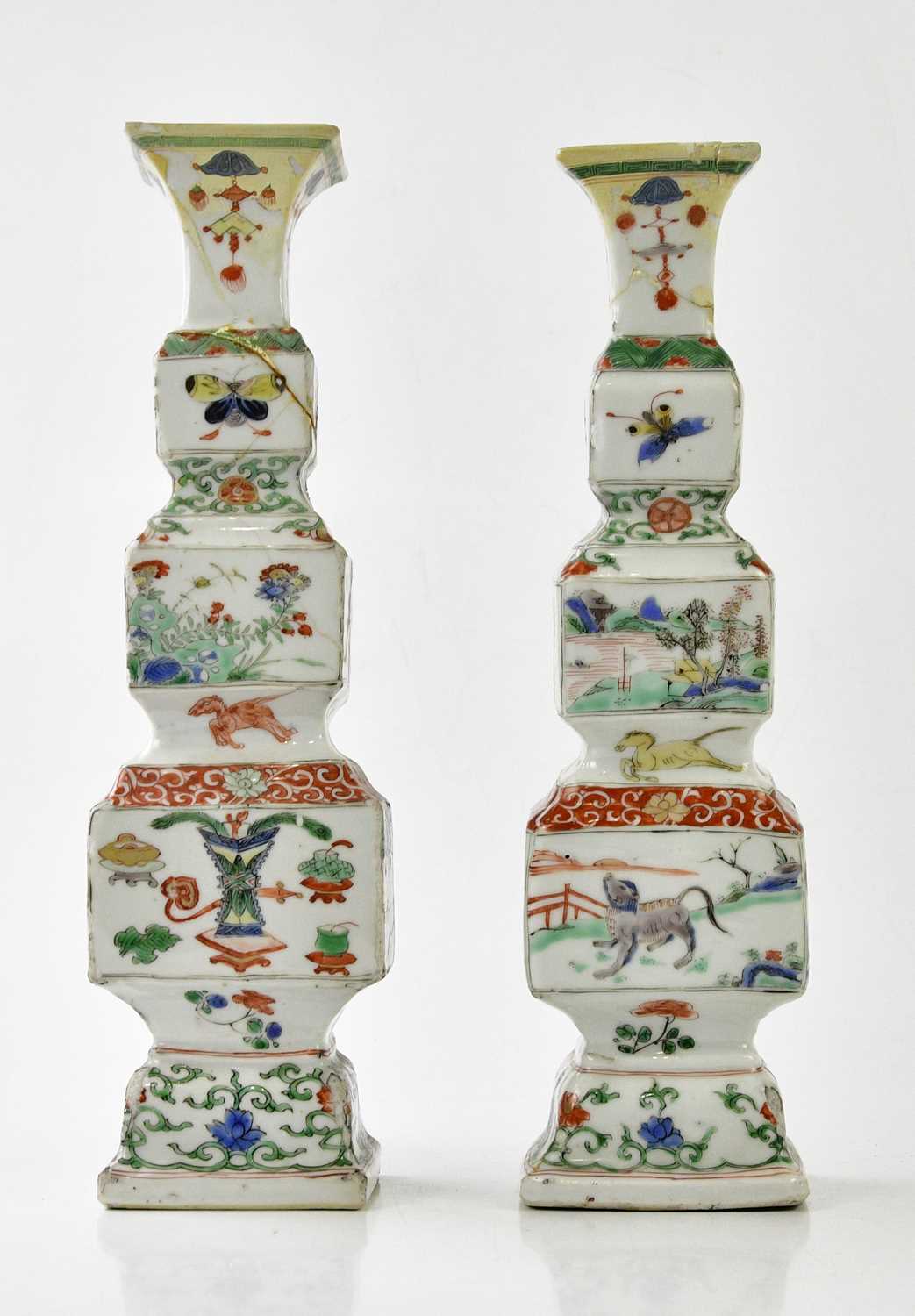 A pair of 18th century Chinese Famille Verte Wucai porcelain vases, of square form, each painted - Image 3 of 17