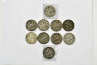 Ten assorted Victoria crowns comprising six 1892, three 1898 and one 1900.