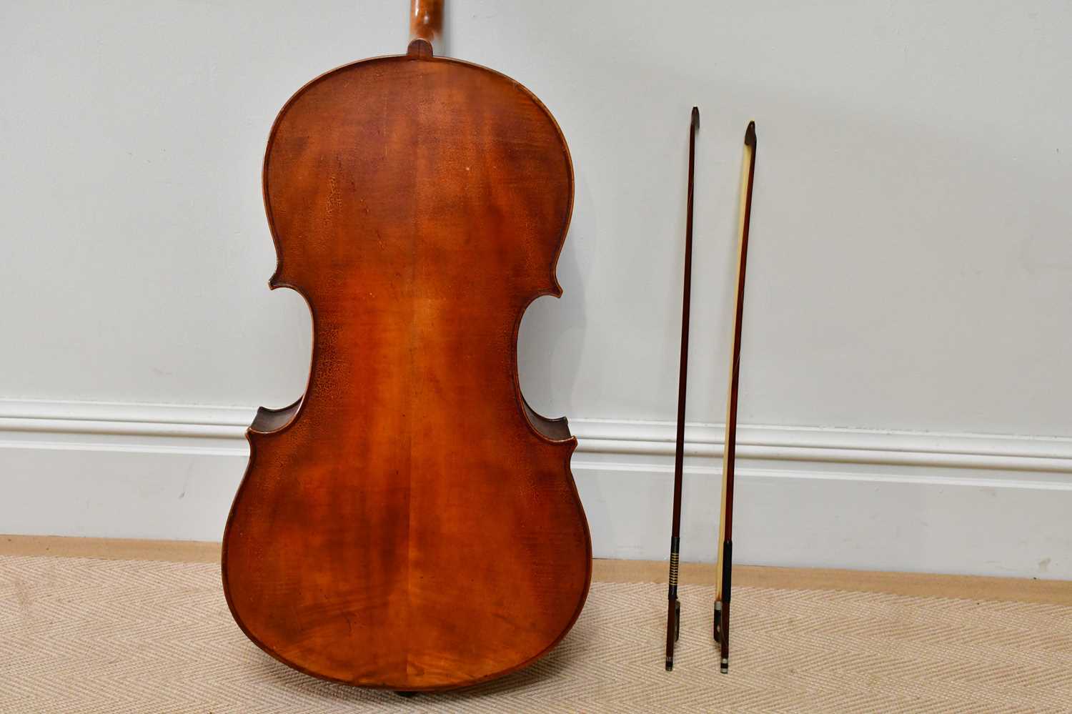 A full size German violoncello with two-piece back, length 75cm, unlabelled, with a silver mounted - Image 7 of 16