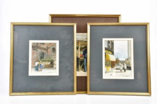 † ANN STAFFORD; three watercolours, representing Northern scenes, including a market stall, signed