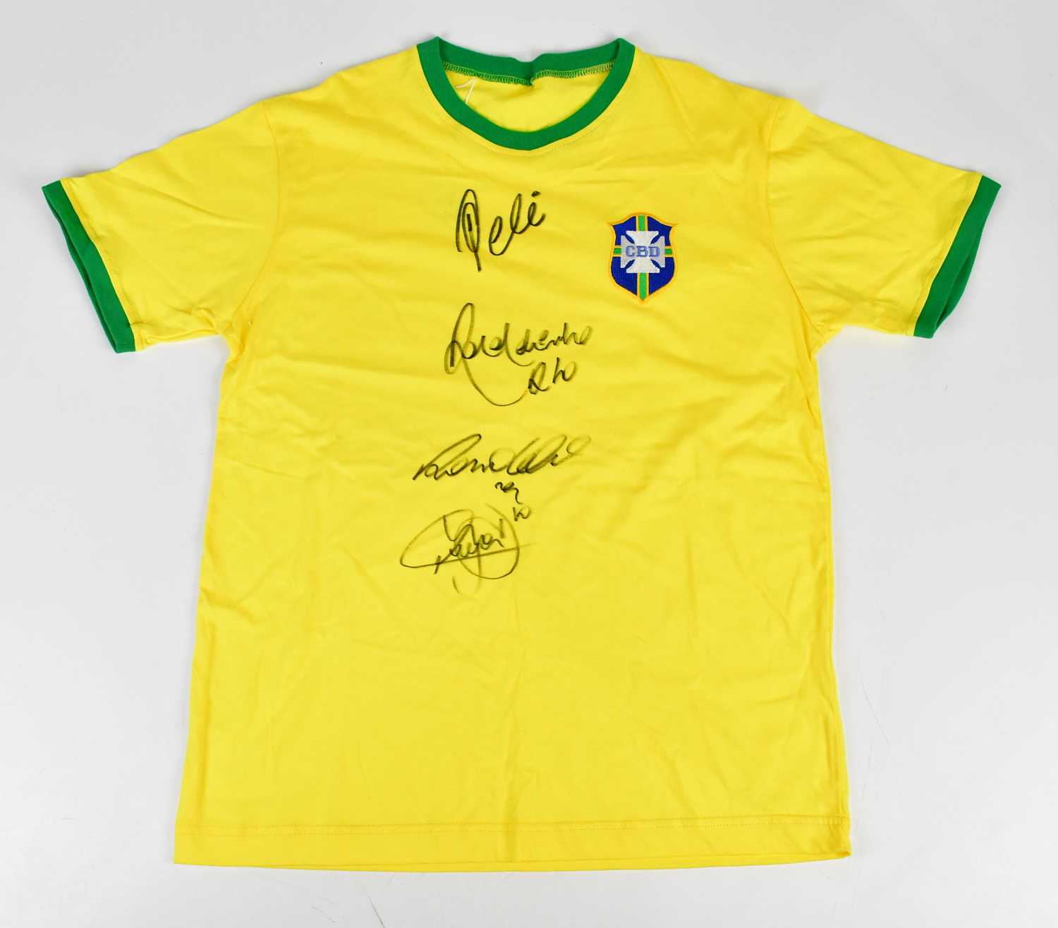 BRAZIL; a 1970s retro style football shirt, signed to the front by Pelé, Ronaldinho, Ronaldo,