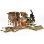 A collection of 19th century and later metalware, including balance scales, fire dogs, fire