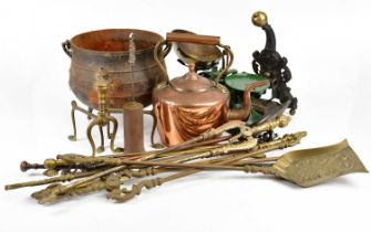 A collection of 19th century and later metalware, including balance scales, fire dogs, fire