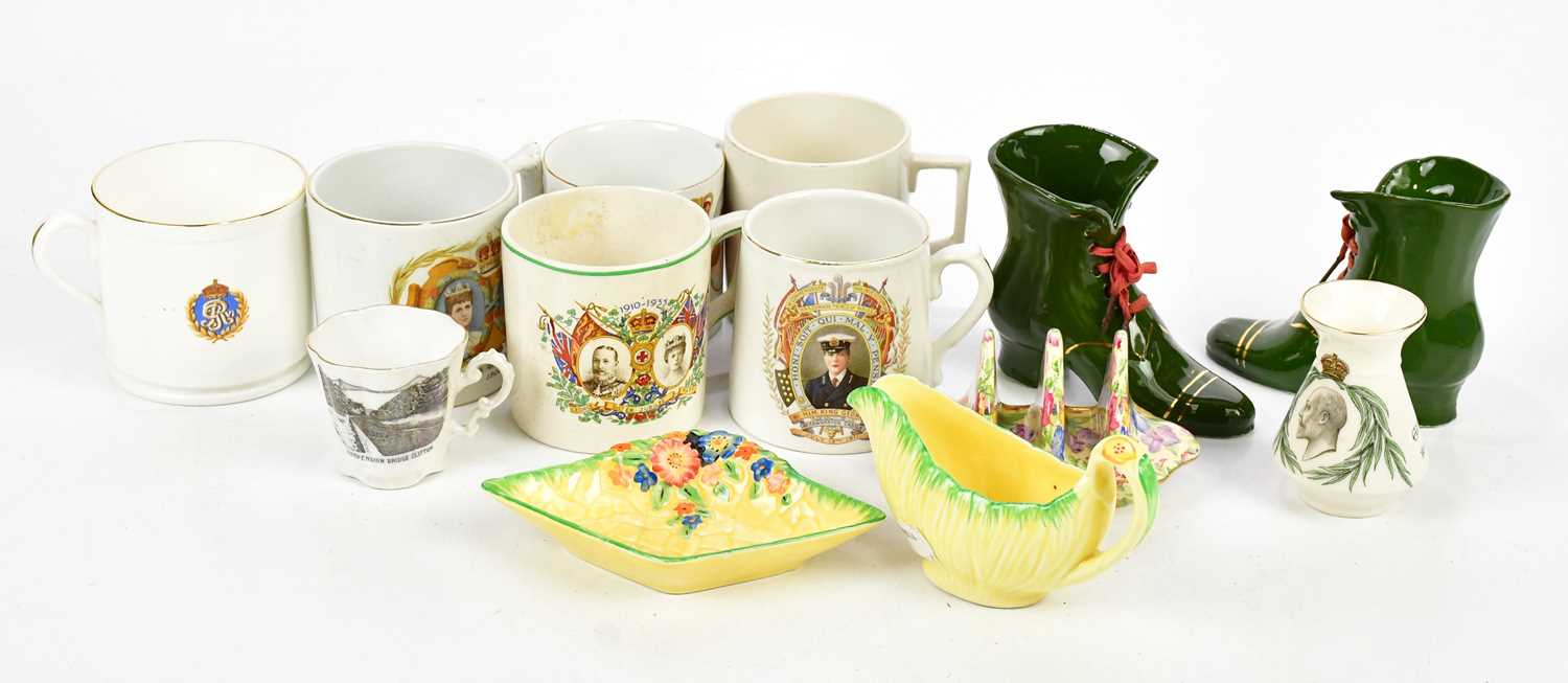 A quantity of decorative ceramics including Crown Devon, commemorative mugs, etc.