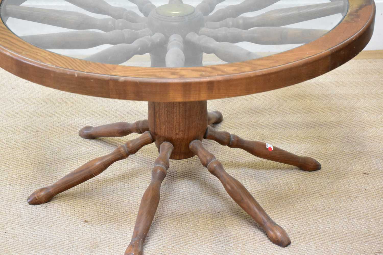 A pair of modern oak cartwheel coffee tables with glass tops, diameter 74cm. - Image 3 of 3