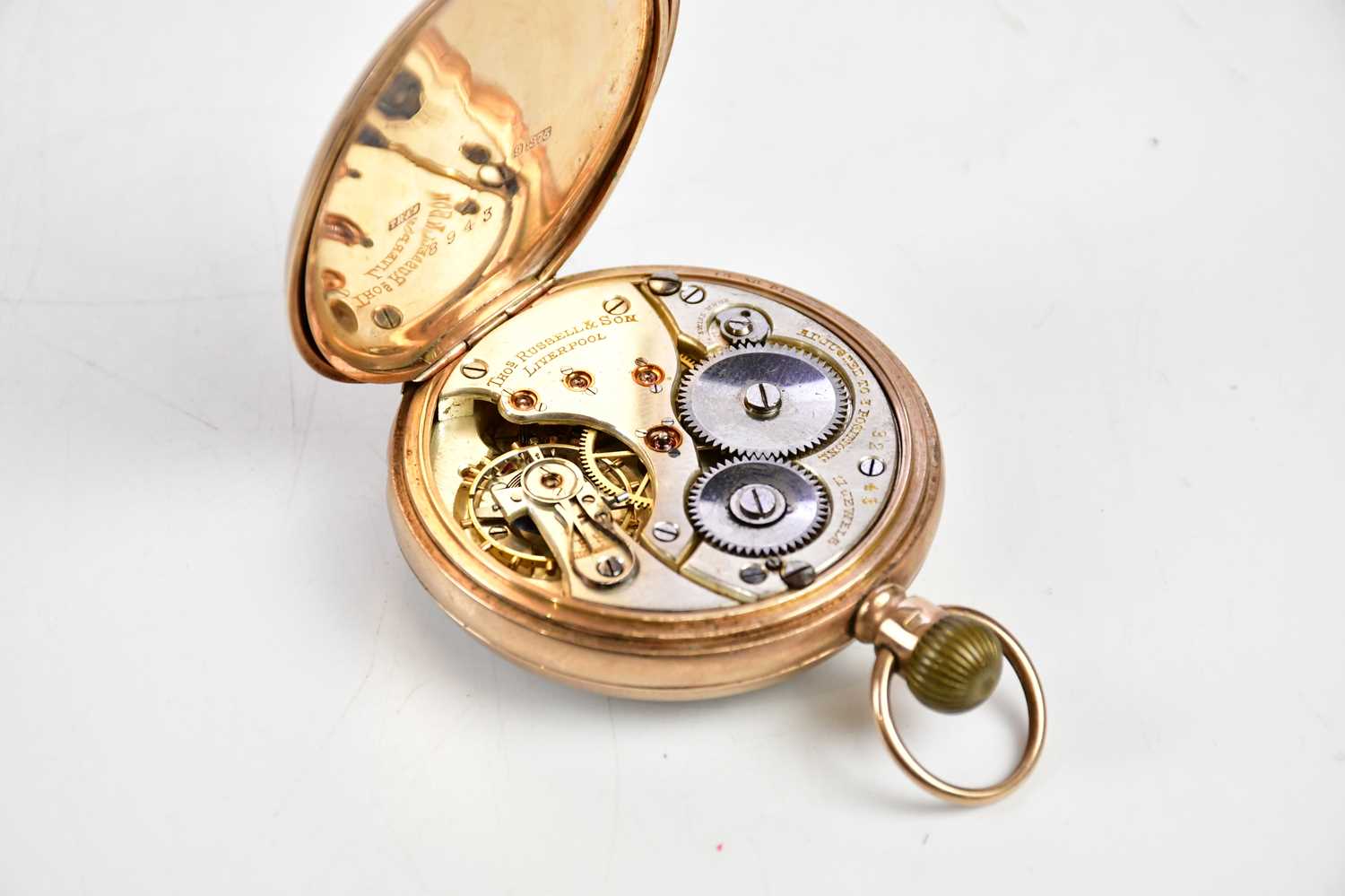 A 9ct yellow gold crown wind open face pocket watch with Roman numerals to the white enamel dial, - Image 4 of 4
