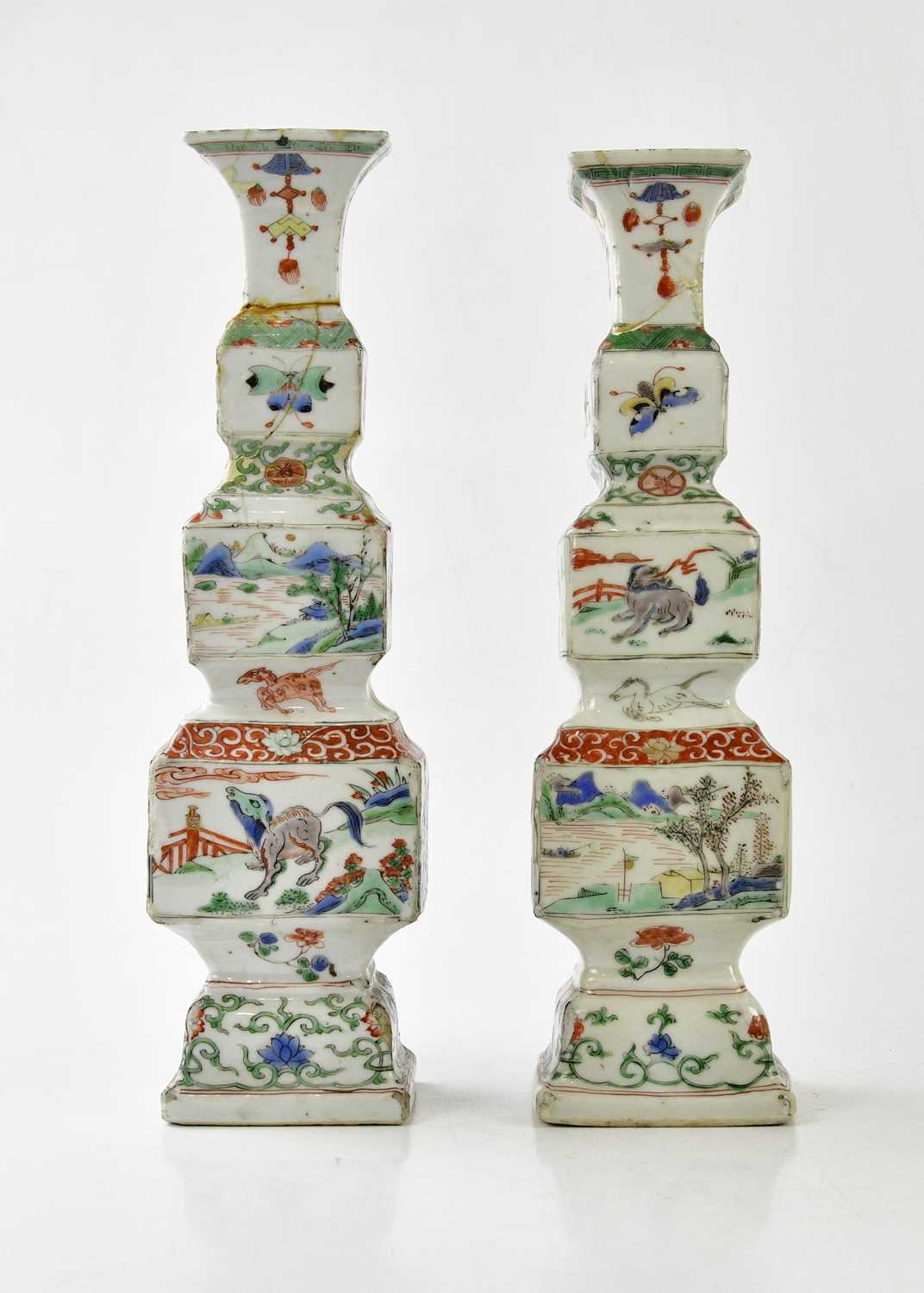 A pair of 18th century Chinese Famille Verte Wucai porcelain vases, of square form, each painted