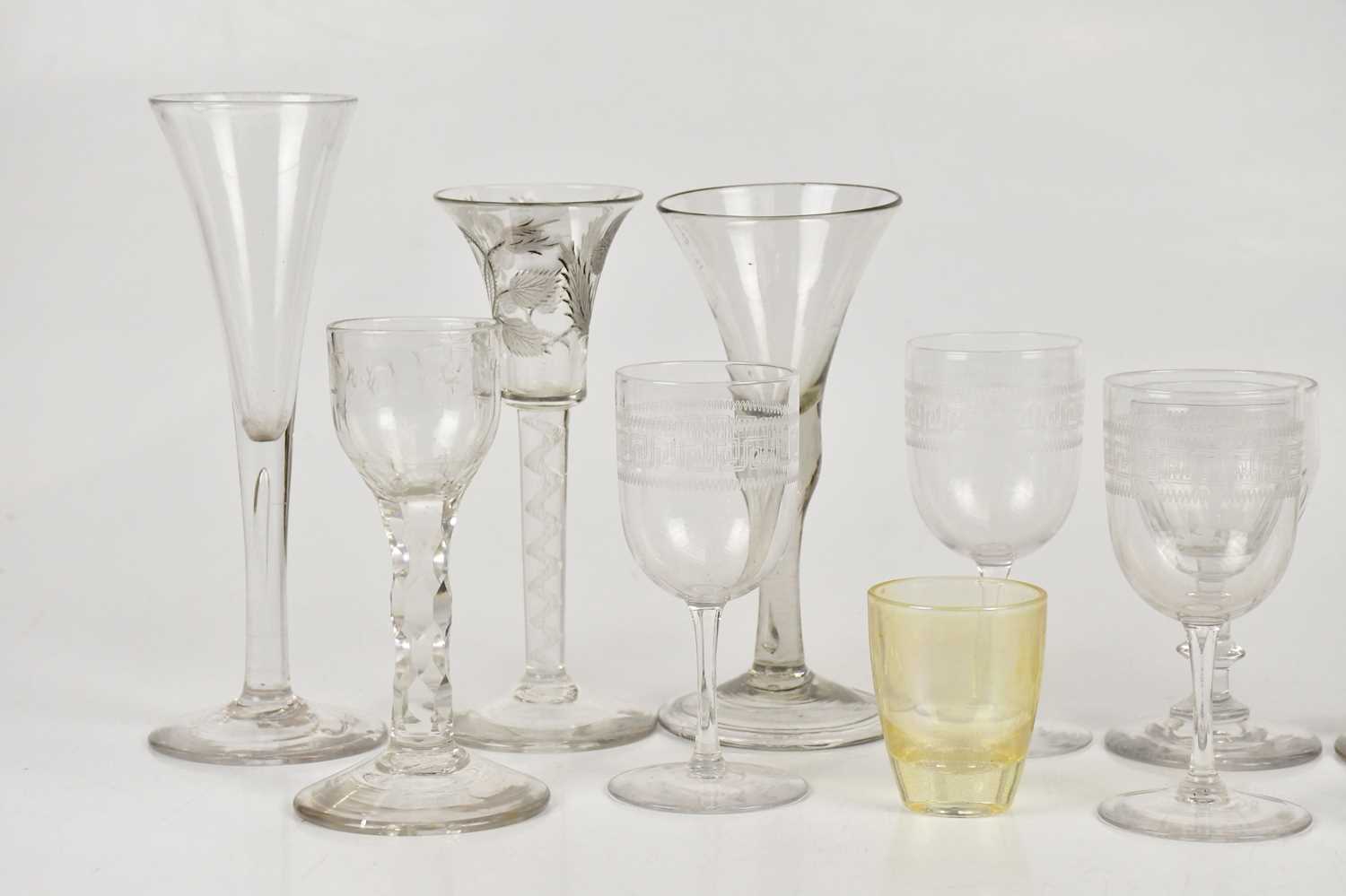 A collection of Georgian and later glassware including a wine glass with ogee shaped bowl and - Image 2 of 3