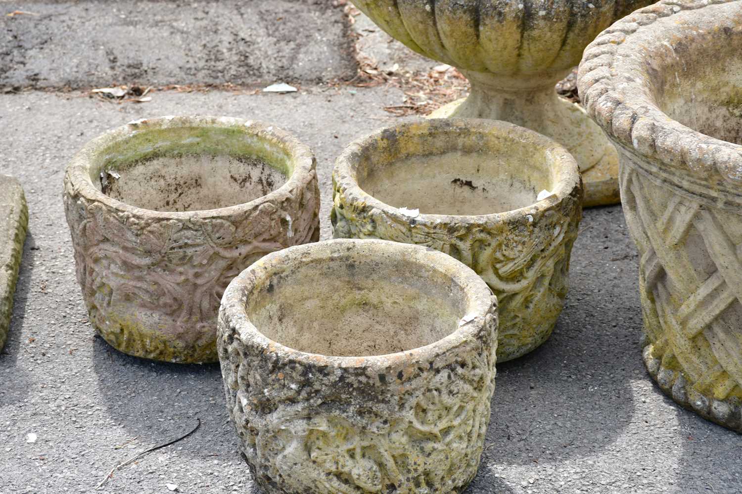 A collection of seven reconstituted garden pots, largest height 38cm, diameter 53cm. - Image 3 of 5
