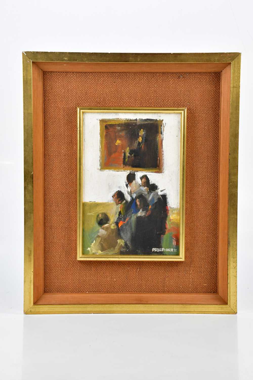 † PRZEPIORA; oil on board, figures in foreground, signed lower right, 25 x 17cm, framed.