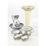 A Victorian six piece toilet set in the 'Cleopatra' pattern and a jardinière stand.