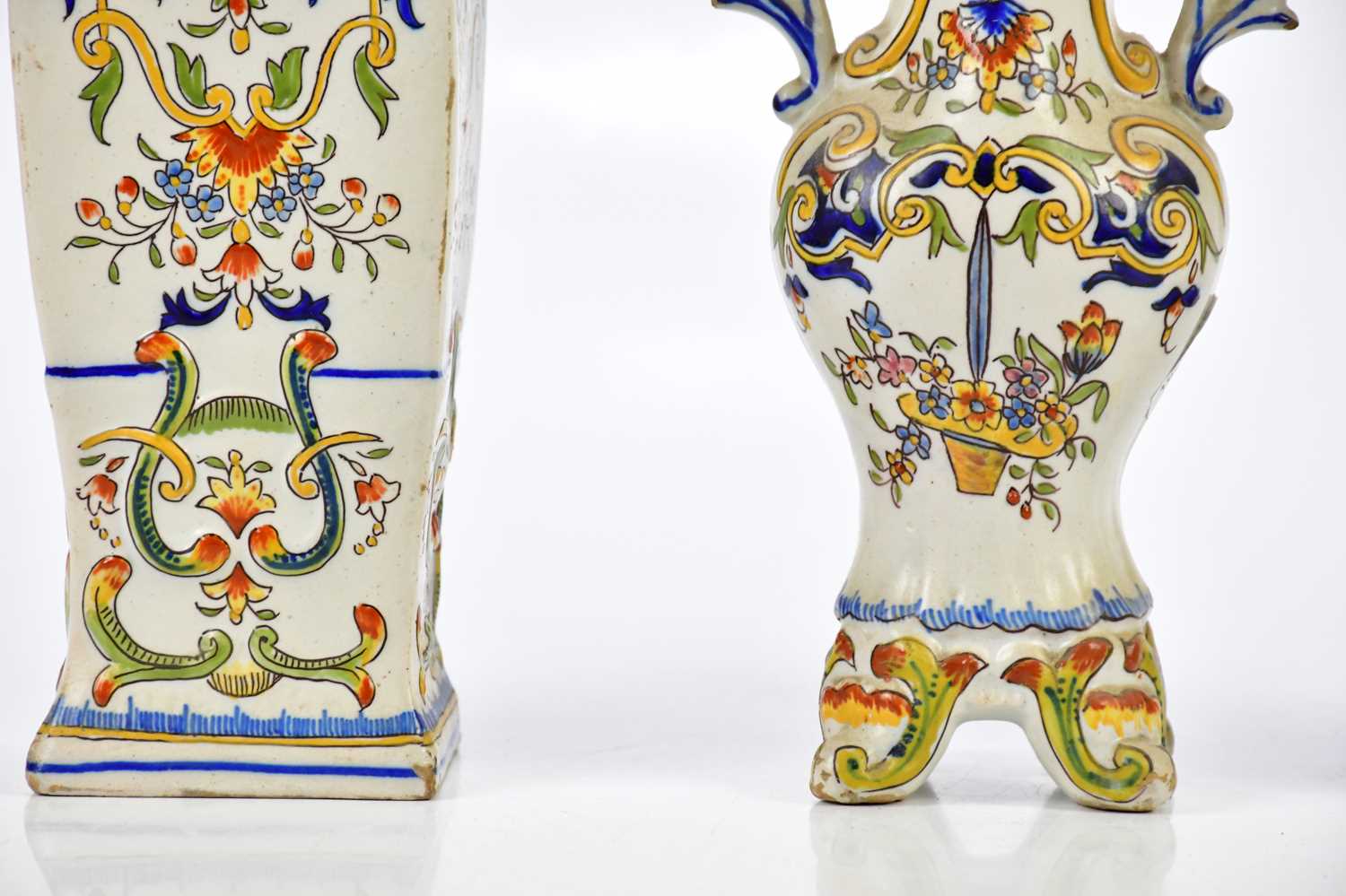 ROUEN; a pair of French faiance ware vases with moulded and painted floral detail, height 21cm, - Image 5 of 6