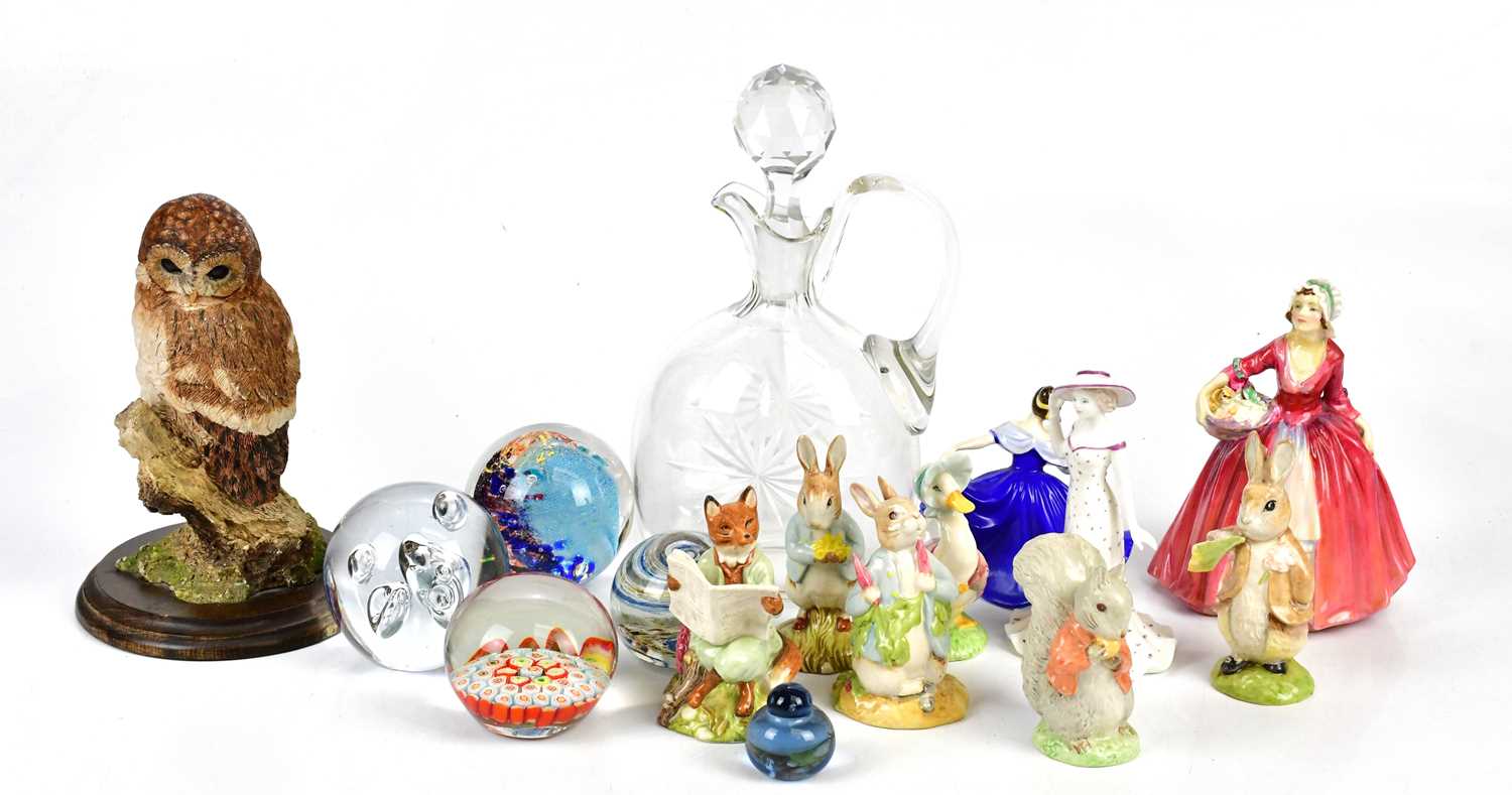 A small collection of ceramic figures including Royal Albert Beatrix Potter, Beswick Beatrix Potter,