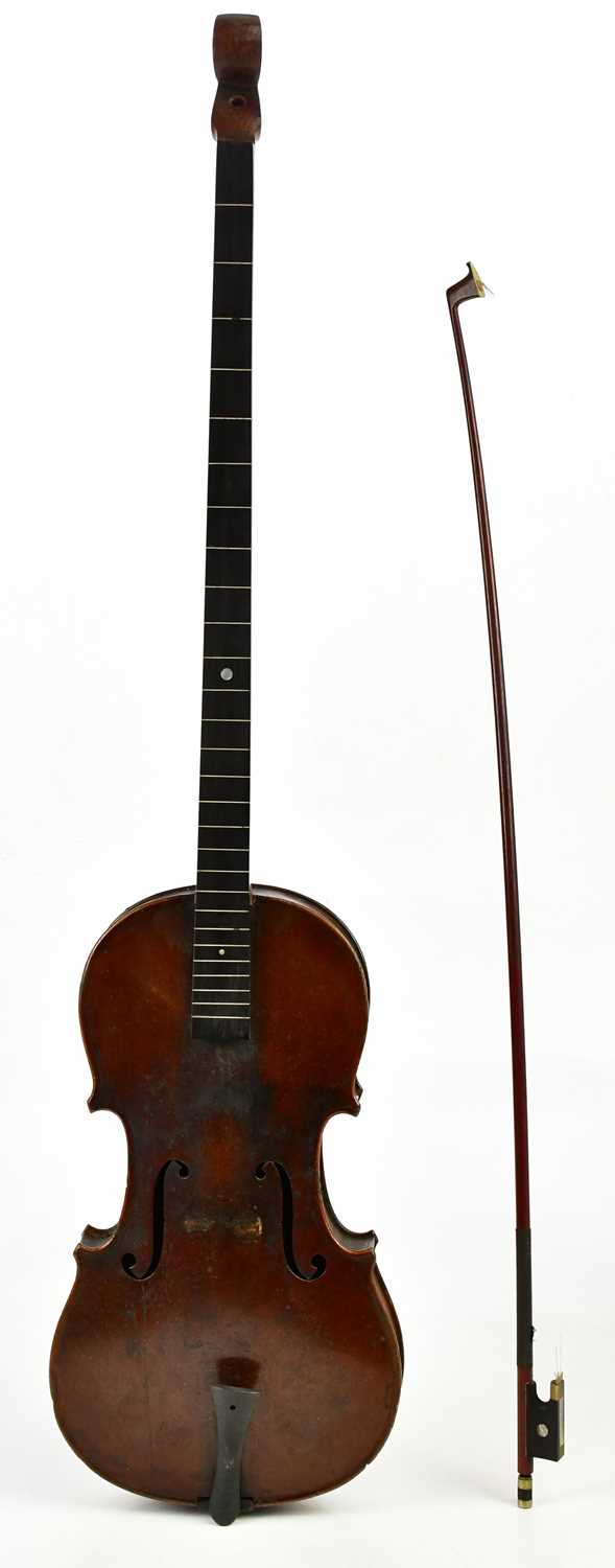 An unusual violin with long fretted fingerboard, the main body with one-piece back measuring 36cm,
