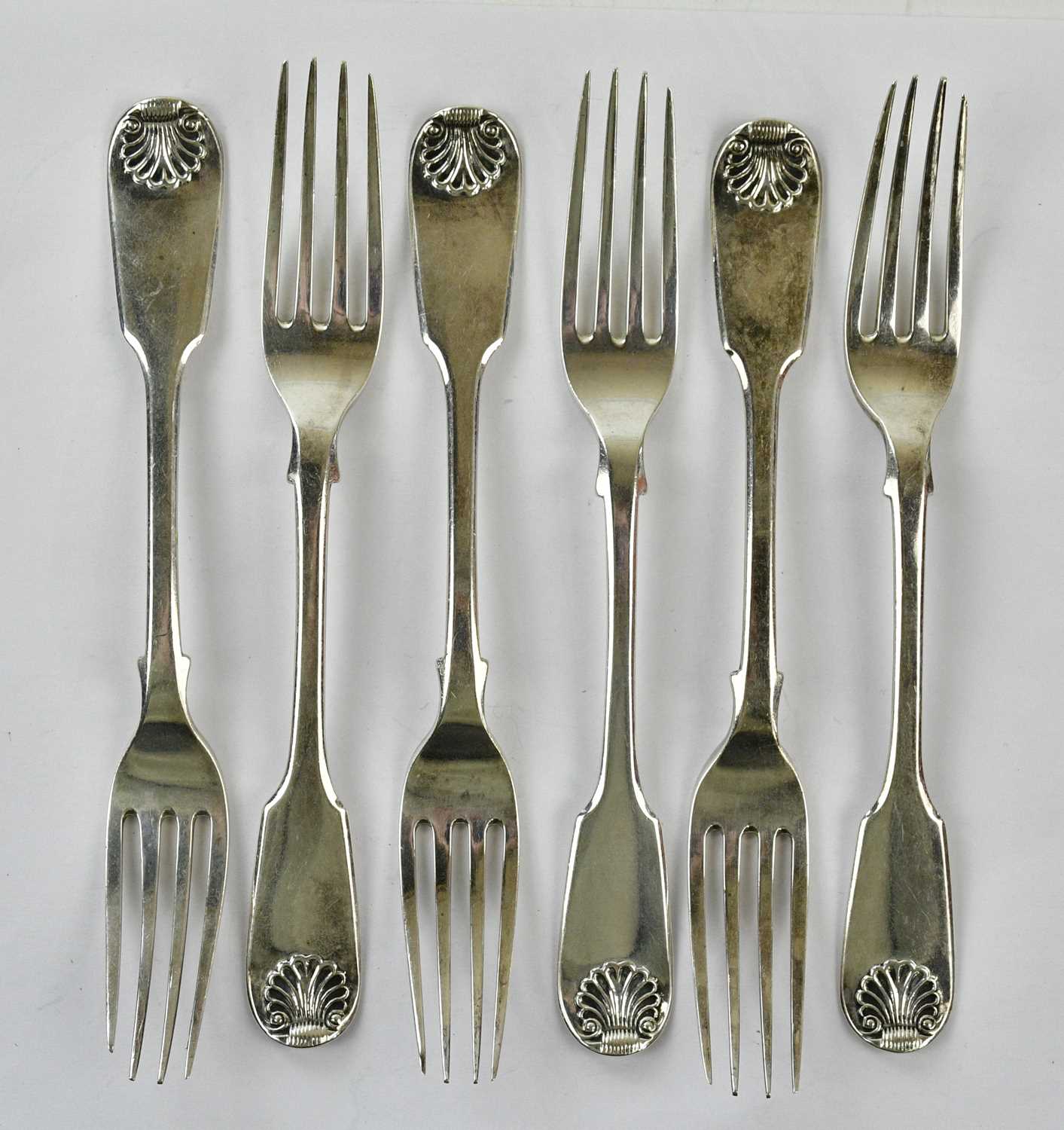 JOHN JAMES WHITING; a set of six Victorian hallmarked silver forks, London 1846, approx combined