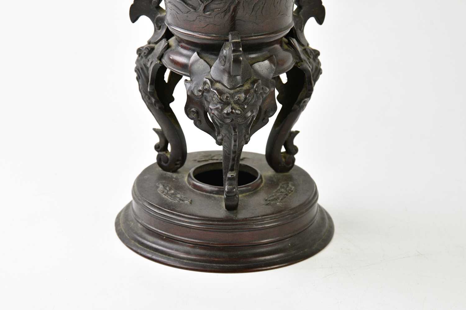 A large early 20th century Japanese bronze vase, with applied handles and crawling mythical - Image 5 of 8