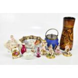 A collection of decorative ceramics to include Continental figures, a Wedgwood biscuit barrel, a