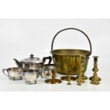 Small collection of metalware comprising brass jam pan, four pairs of brass candlesticks, a three