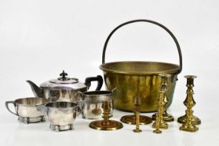 Small collection of metalware comprising brass jam pan, four pairs of brass candlesticks, a three