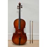 A full size German violoncello with two-piece back, length 75cm, unlabelled, with a silver mounted