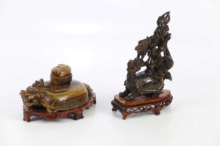 Two Chinese hardstone carvings, one of a mythical beast, the other of a tortoise.