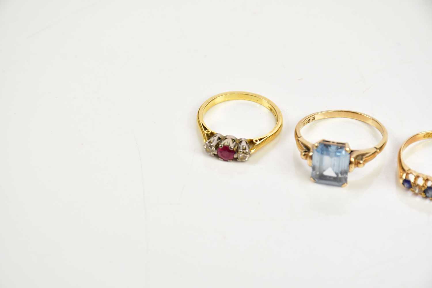 An 18ct yellow gold diamond and sapphire three stone dress ring, size K, a yellow metal diamond - Image 2 of 4