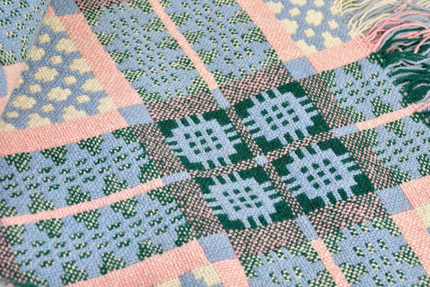 DERW; a Welsh woollen blanket, blue, green and pink geometric pattern, 222 x 190cm. - Image 2 of 3