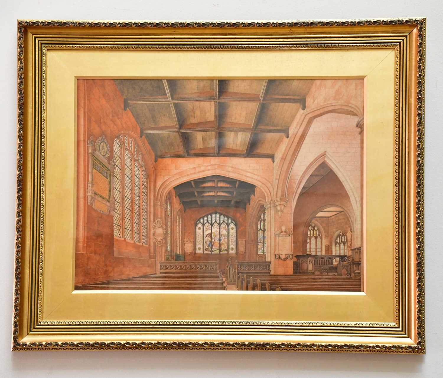 SARAH HUGGINS; a Victorian watercolour, St Anne's interior, St Anne's Church Chester, signed and