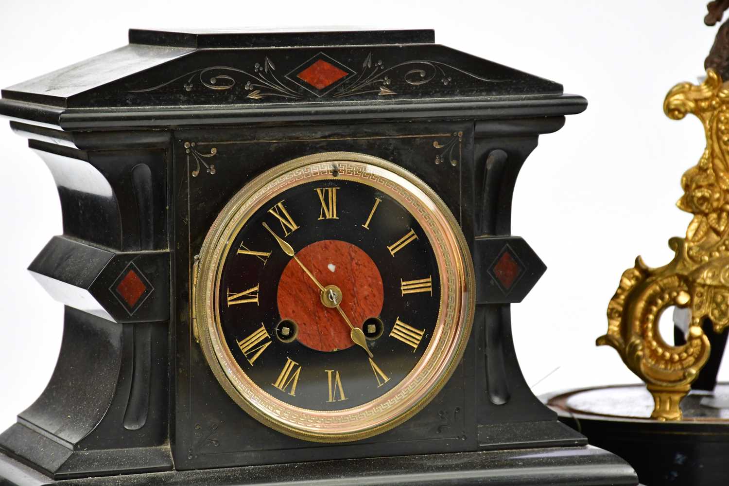 LEROY A PARIS; a French spelter eight day figural mantel clock, on associated base, height 39cm, - Bild 2 aus 4