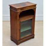 An Edwardian inlaid walnut music cabinet with single glazed door, height 90cm.