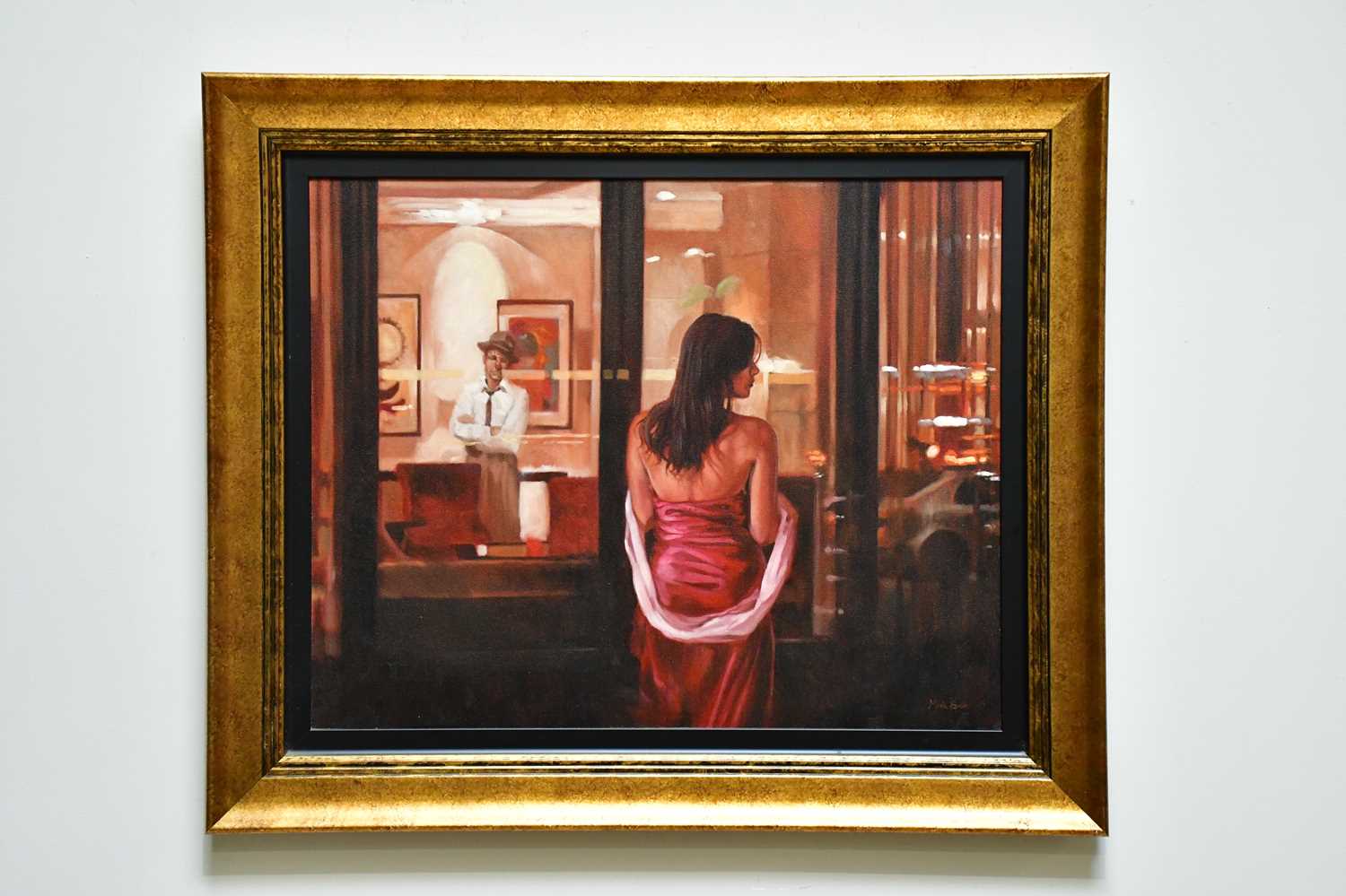 † MARK SPAIN; oil on canvas, female figure outside a shop front, signed lower right, 60 x 75cm,