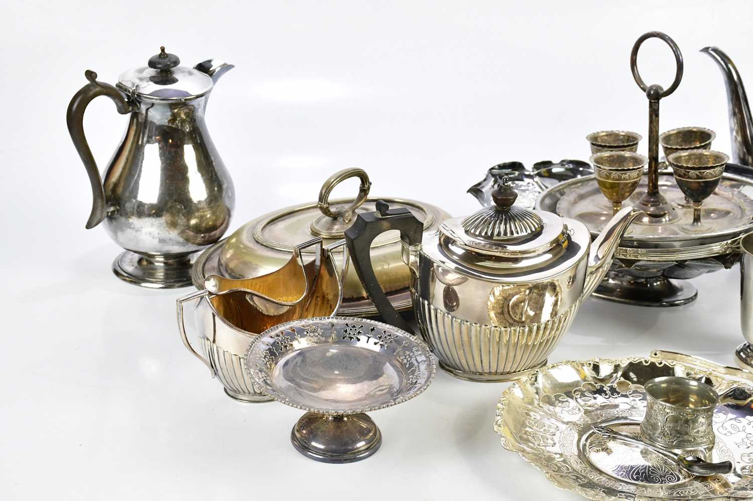 A collection of assorted plated items including trophy cup, egg cups on stand, an entree dish and - Image 2 of 3