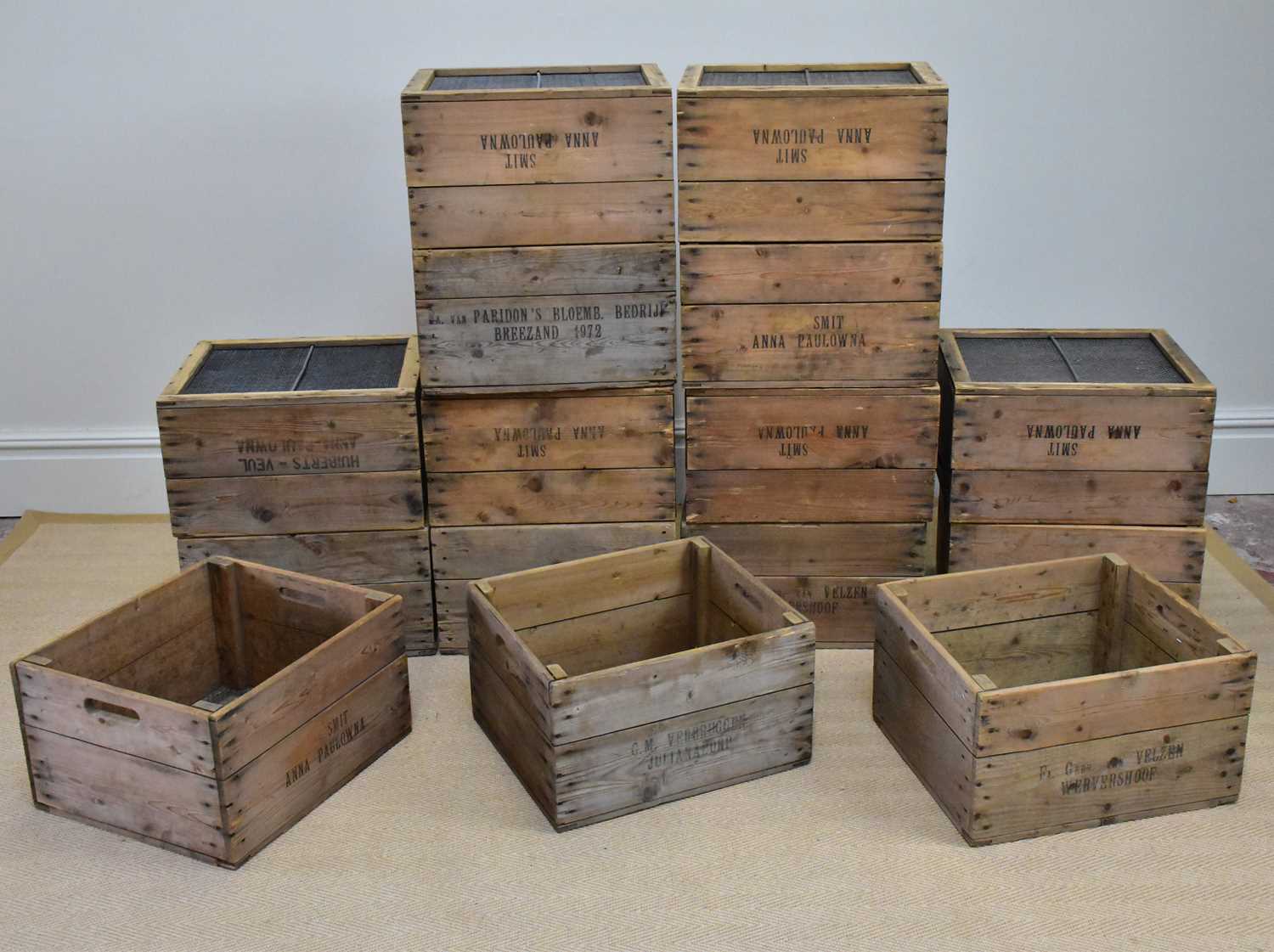 A collection of twenty rustic pine crates, some bearing the name 'Anthh Krat', height 27cm, depth