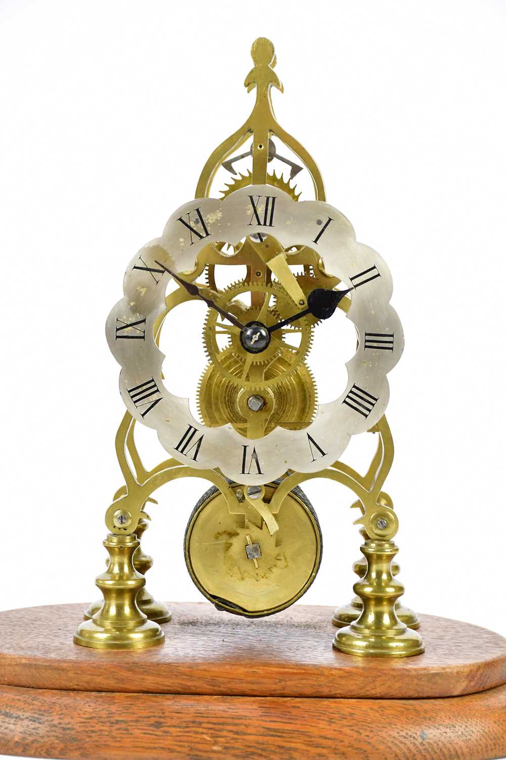 An early 20th century skeleton clock, with silvered chapter ring with Roman numerals, with fusee - Image 2 of 5