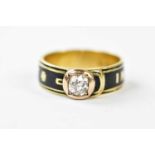 A Victorian 18ct gold diamond set mourning ring, the black enamel band inscribed 'In memory of', the
