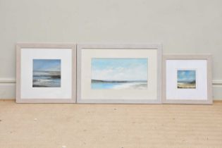 † PETER HODSON; acrylic, seascape, signed, 31 x 56cm, and two similar smaller examples by the