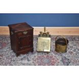 A Victorian mahogany coal purdonium, height 55cm, together with brass coal bucket and coal scuttle.