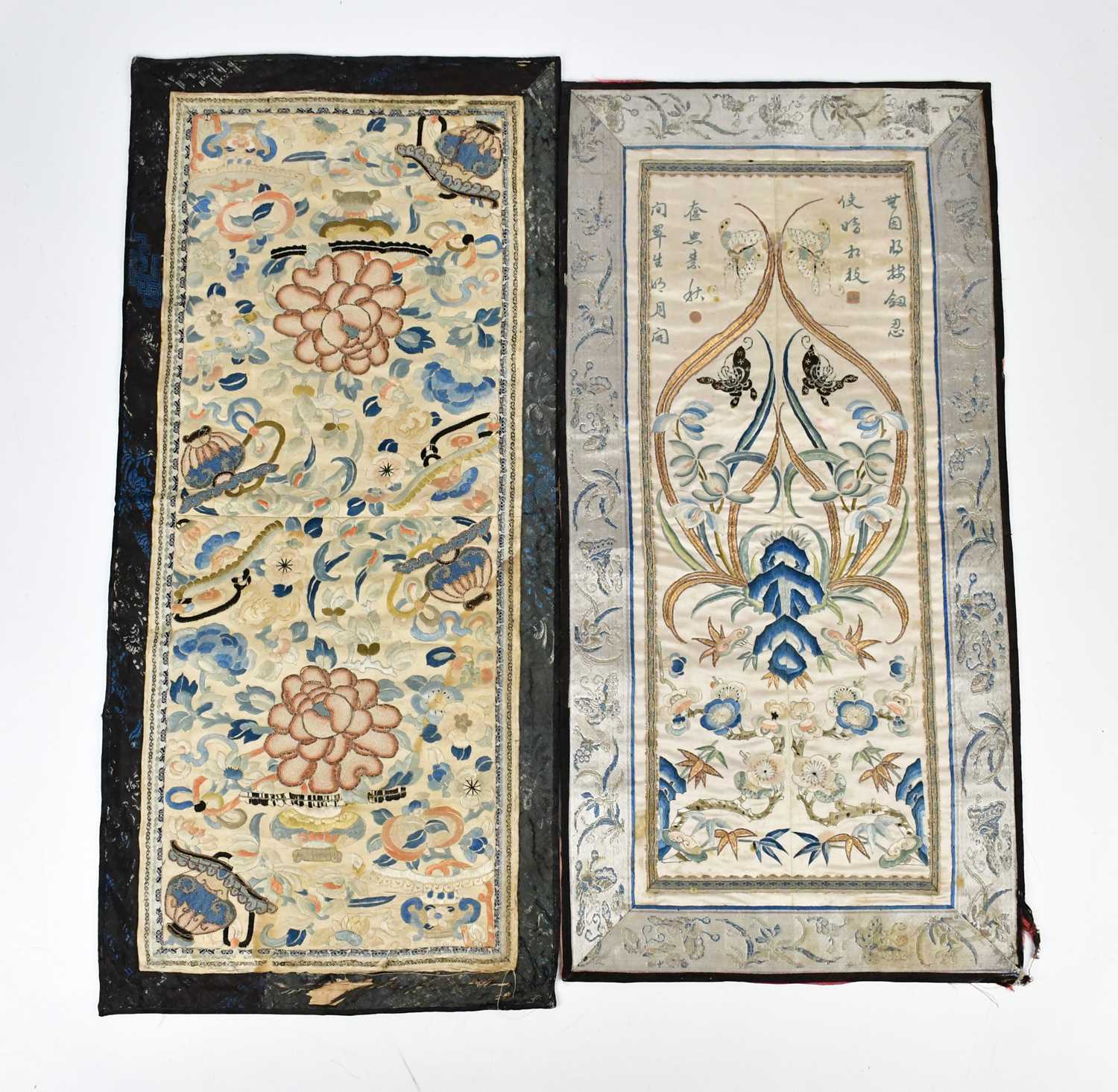 Two Chinese silk panels, including an example which bears signature, decorated with insects and