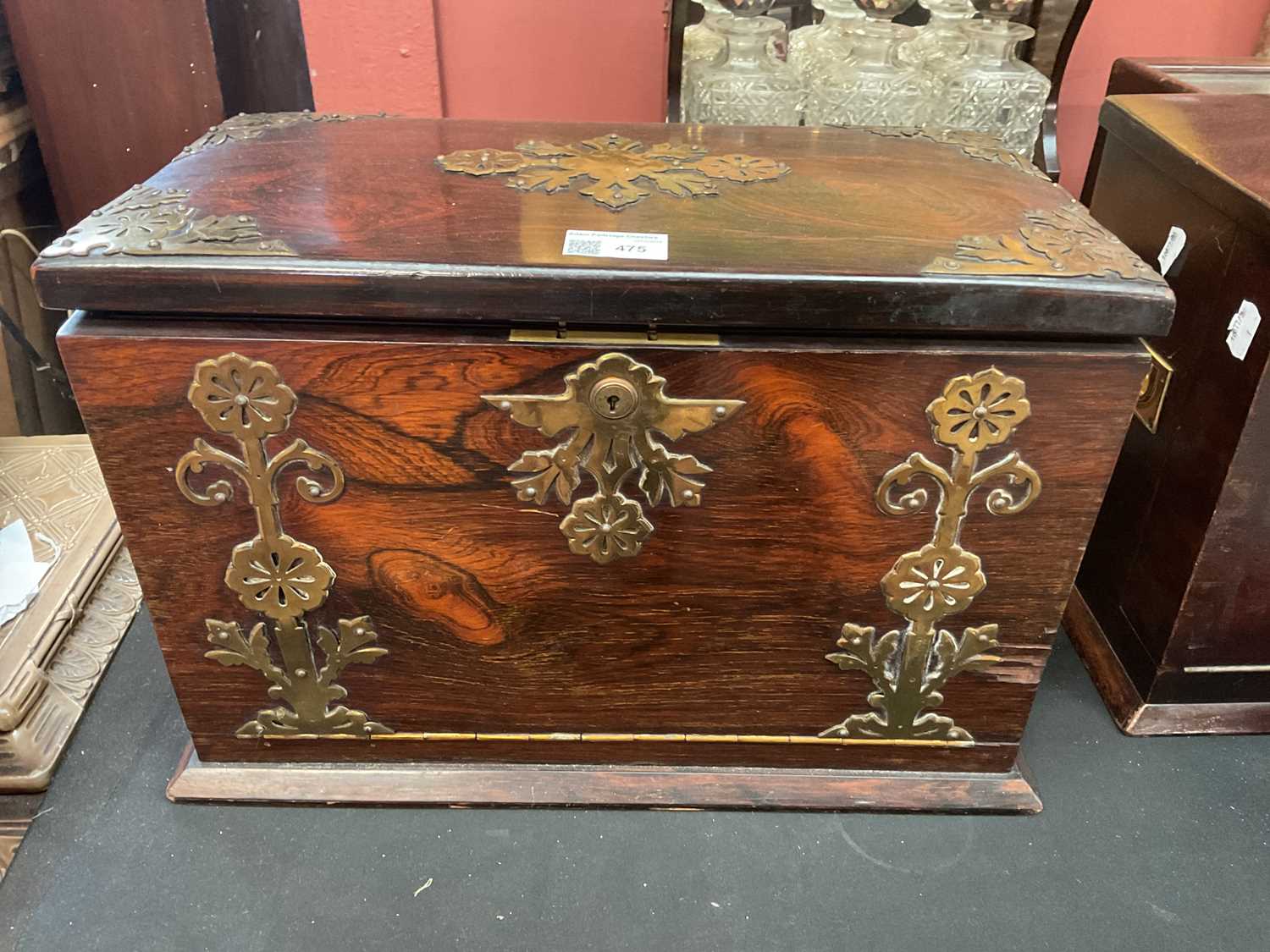 A 19th century brass bound rosewood stationery box, the hinged cover enclosing a fall front and - Image 5 of 14