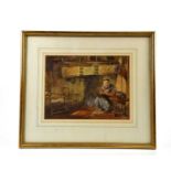 HENRY THEOBALD; watercolour, cottage interior with old lady sewing, signed lower left, 21 x 27cm,