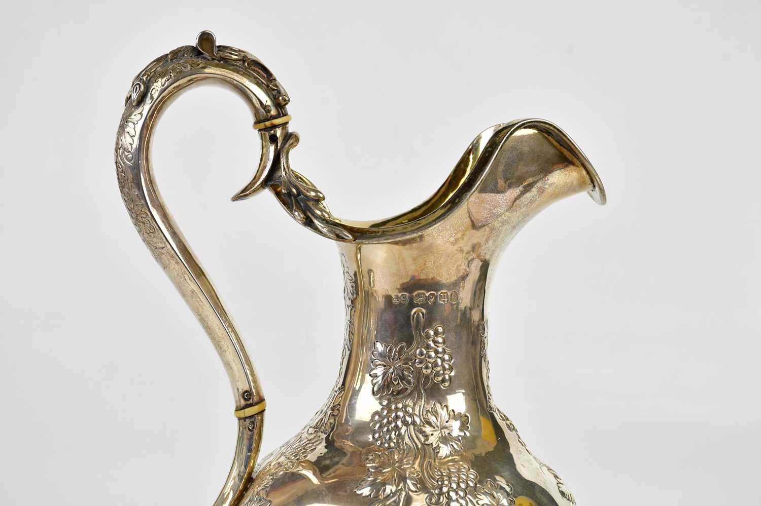 X EDWARD FARRELL; a good William IV hallmarked silver wine ewer, relief decorated with grape, vine - Image 2 of 5