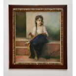 AFTER ADOLPHE BONGUEREAU; oil on canvas, seated maiden sewing, unsigned, 56 x 50cm, framed