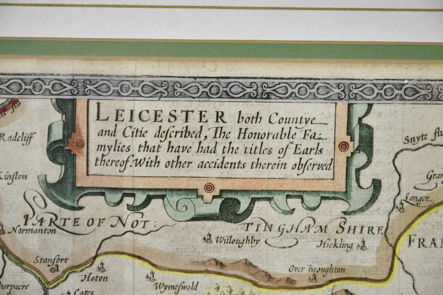 JOHN SPEED; a hand tinted map of Leicester, 39 x 52cm, framed and glazed. - Image 3 of 4